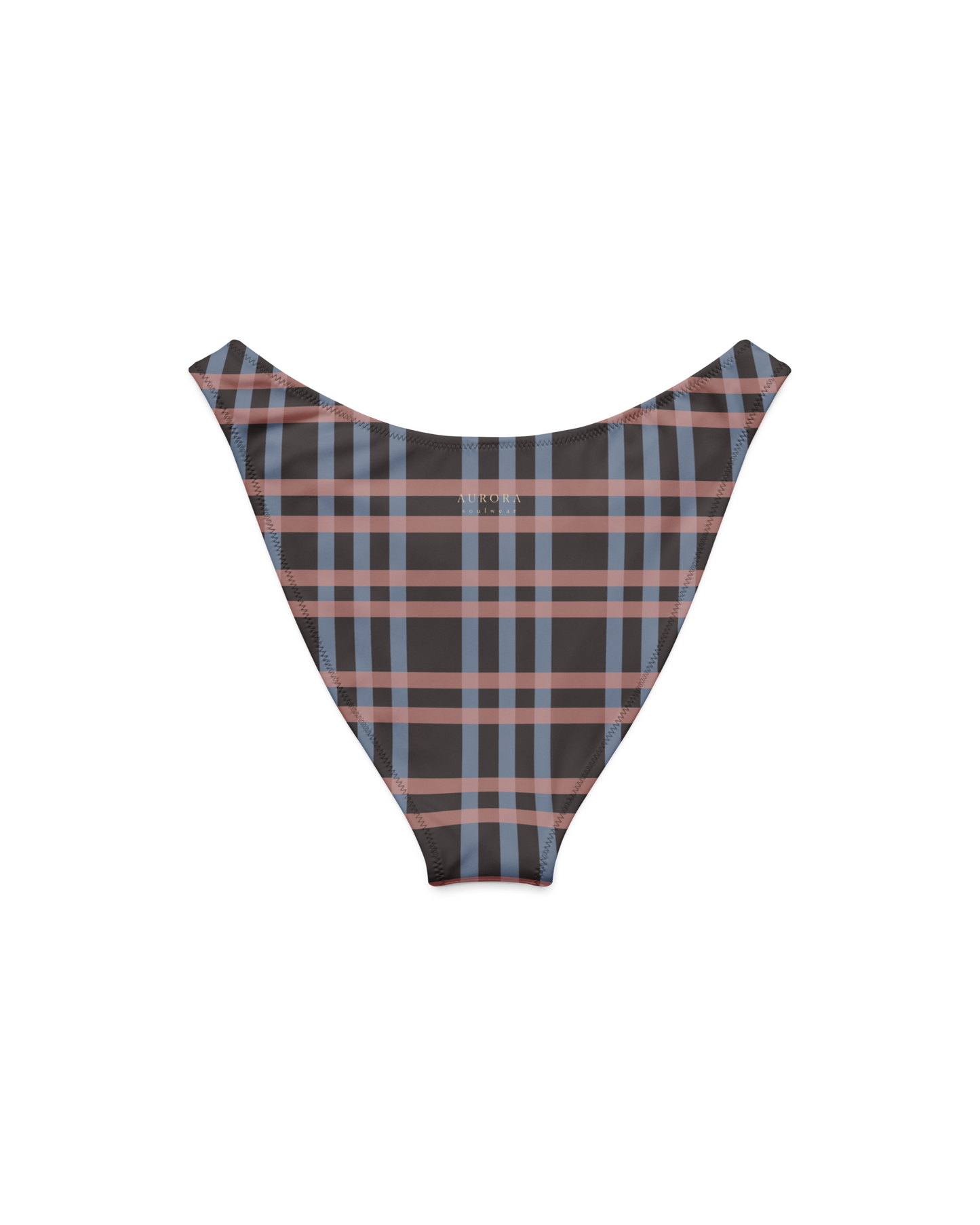 After Dusk check high-cut bikini bottom with deep V back, recycled fabric, Aurora Soulwear.