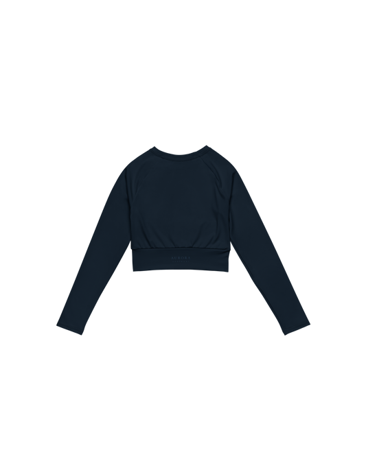 Abyss Recycled Long Sleeve Top in navy with brand back detail