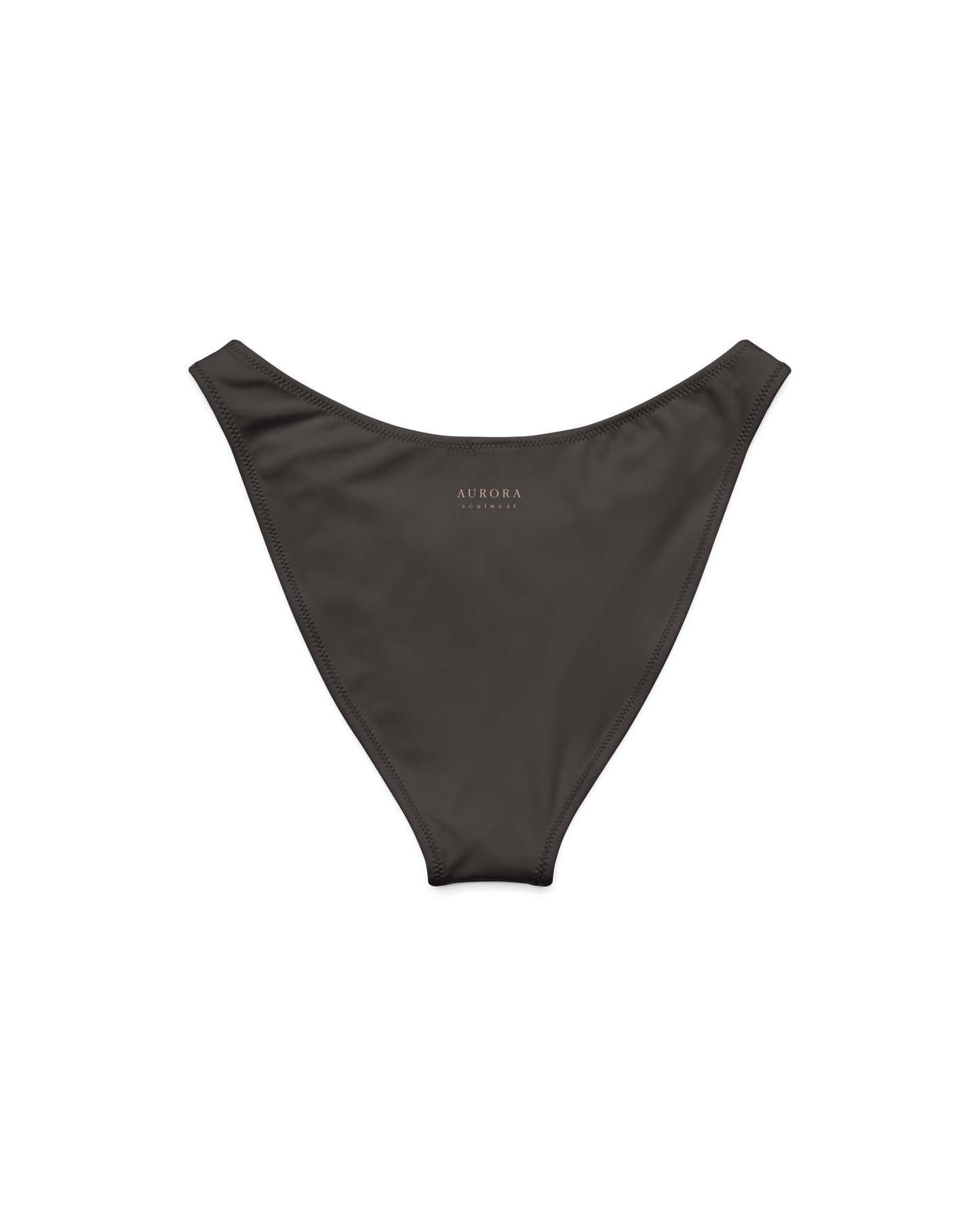 Cacau deep brown high-cut bikini bottom with V back, recycled fabric, Aurora Soulwear.