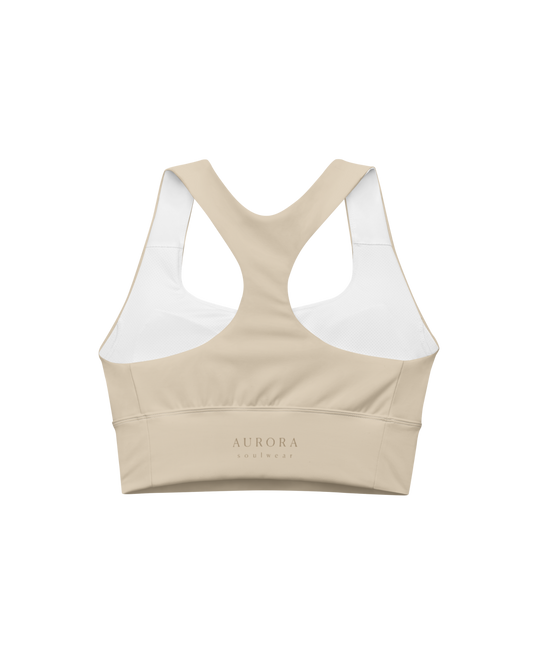 Calm Recycled Sport Top in desert tone with brand back detail