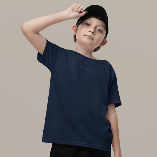 Gentle Endings Organic Kids T-shirt in navy blue with star and Gentle Endings Tender Beginnings back print