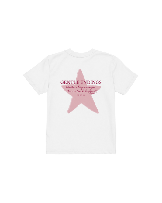 Gentle Endings Organic Kids T-shirt in white with lipstick pink star and Gentle Endings Tender Beginnings back print