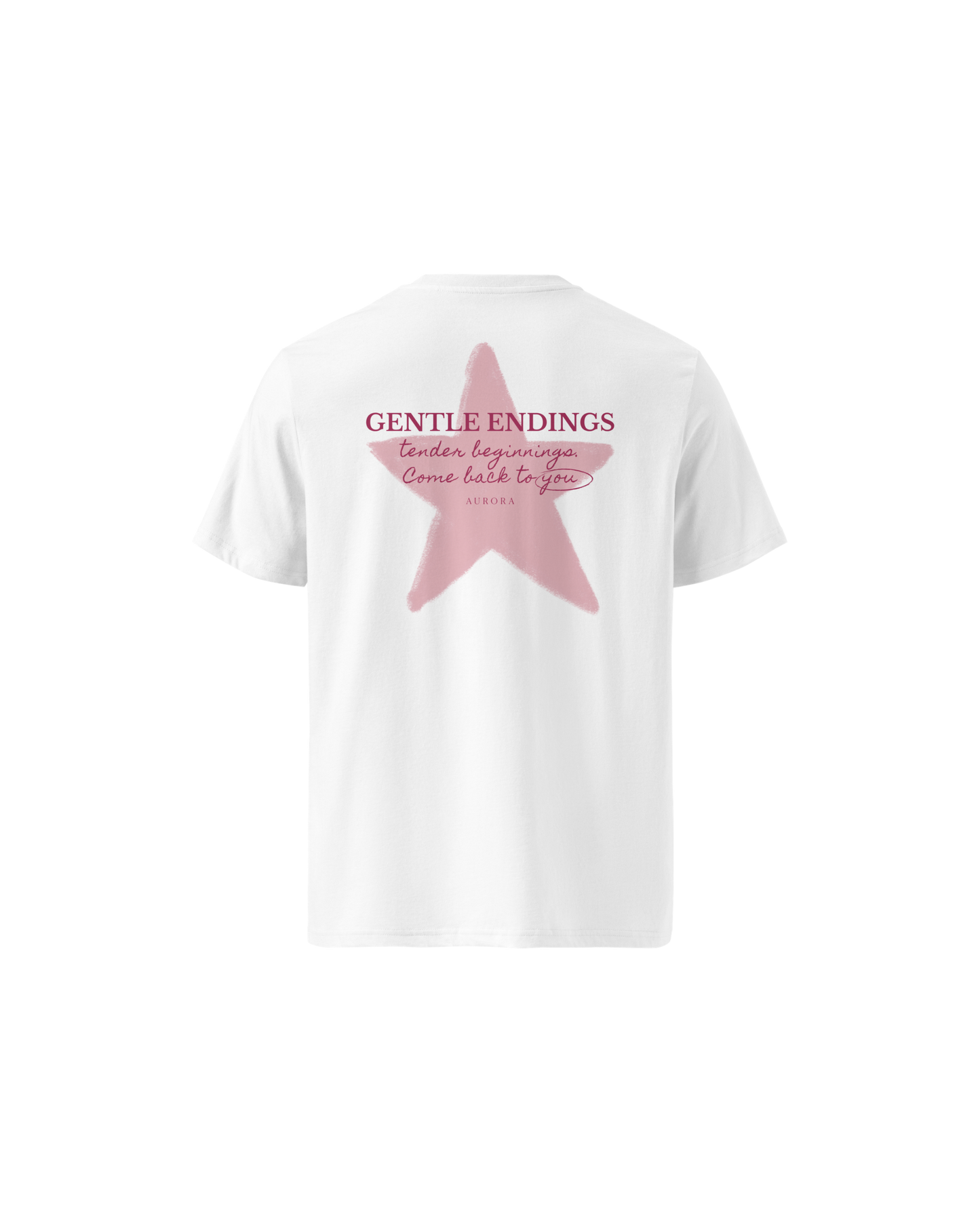 Gentle Endings Organic T-shirt in white and lipstick pink with star and Gentle Endings Tender Beginnings back print