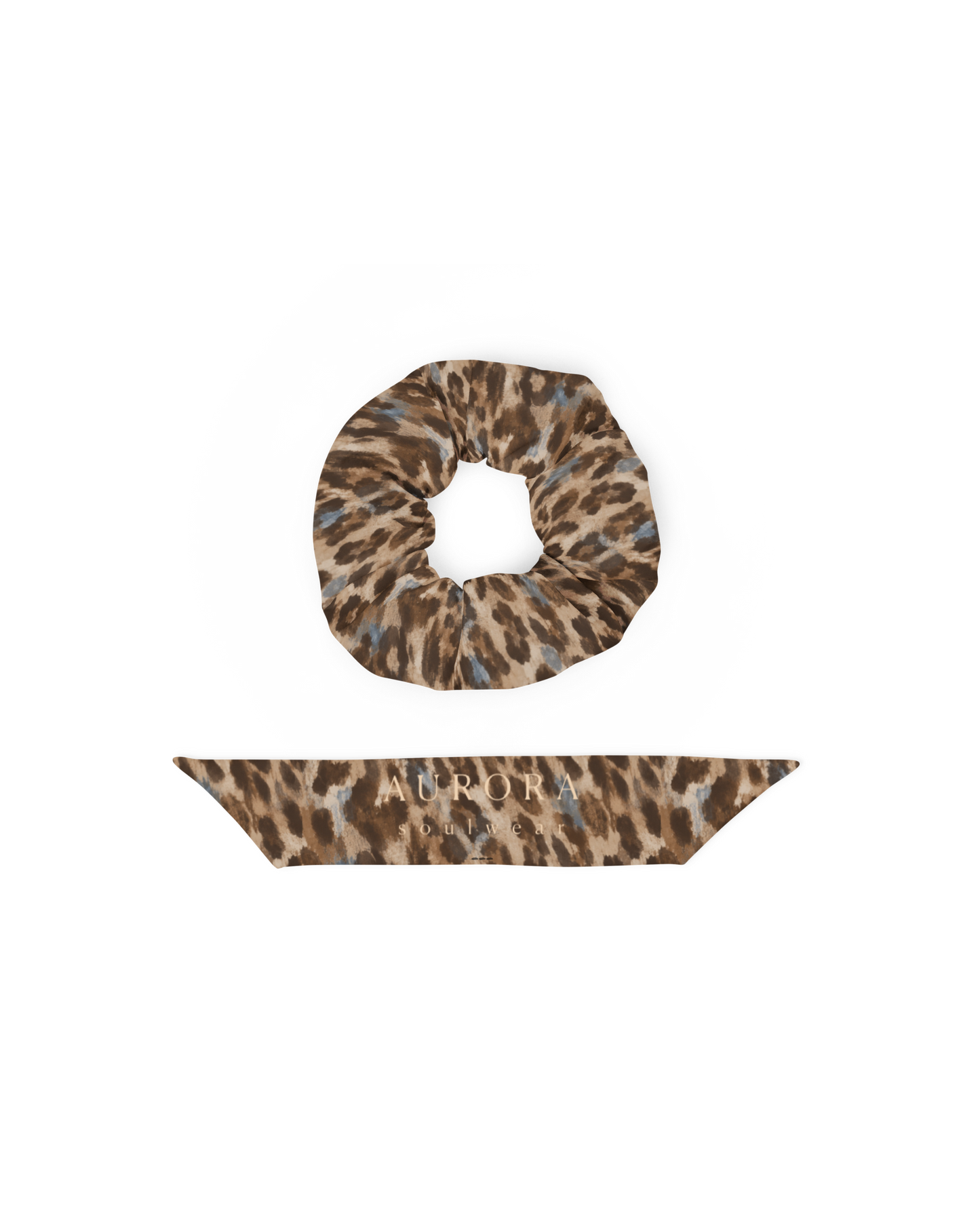 Leopard-print hair scrunchie with removable bow, from Aurora Soulwear's Heatwave collection.