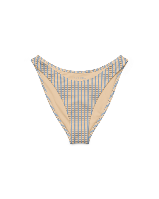 Warm sand and soft-blue check recycled high-cut bikini bottom by Aurora Soulwear