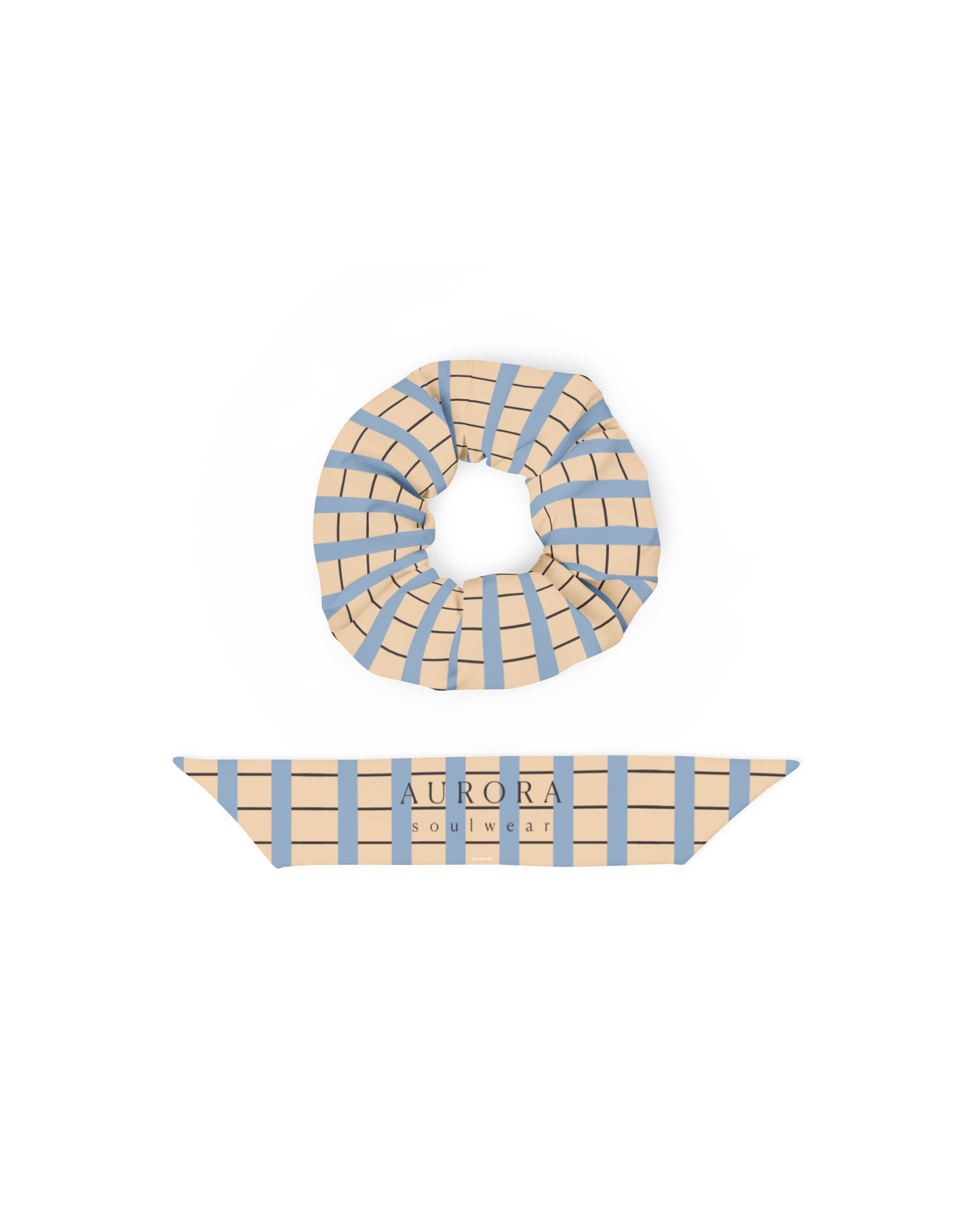 Warm sand and soft-blue check recycled scrunchie by Aurora Soulwear