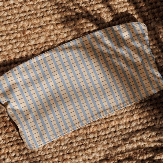 Warm sand and soft-blue check recycled bandeau bikini top by Aurora Soulwear