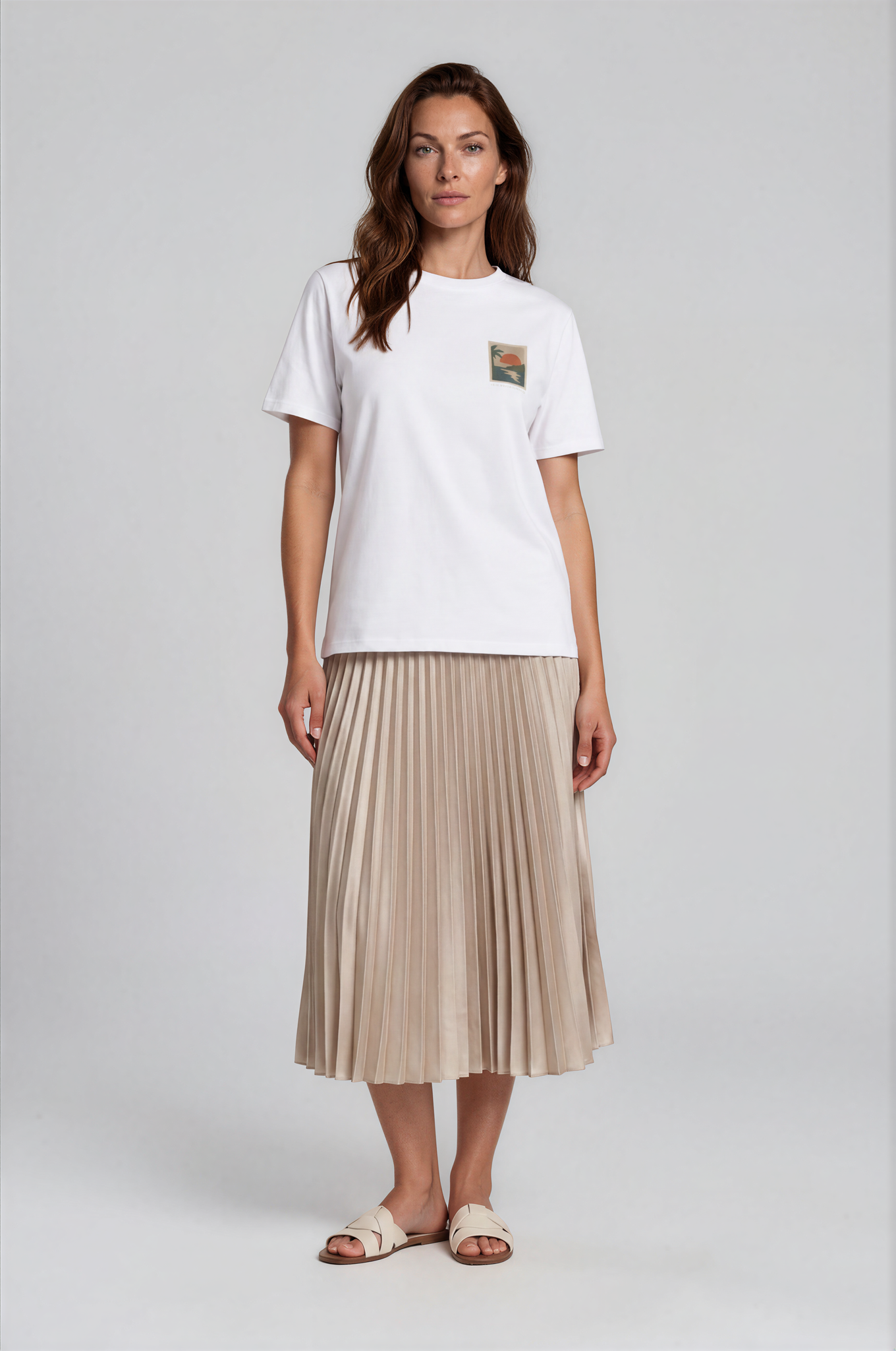 Miragem Organic Cotton T-shirt in white with hand-drawn sunset illustration front and back print