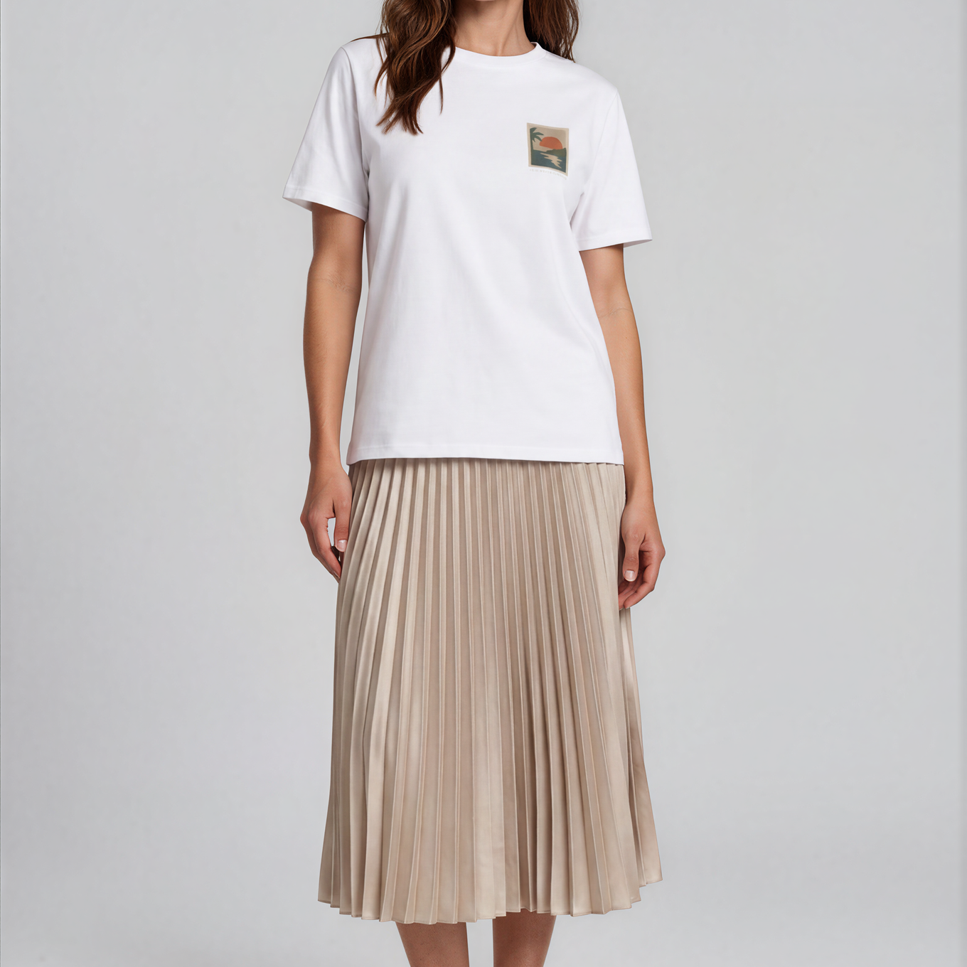 Miragem Organic Cotton T-shirt in white with hand-drawn sunset illustration front and back print