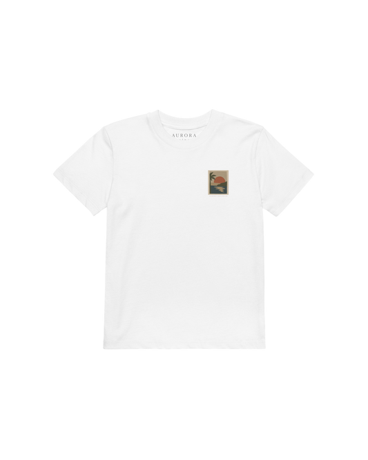 Miragem Organic Kids T-shirt in white with hand-drawn sunset illustration front and back print