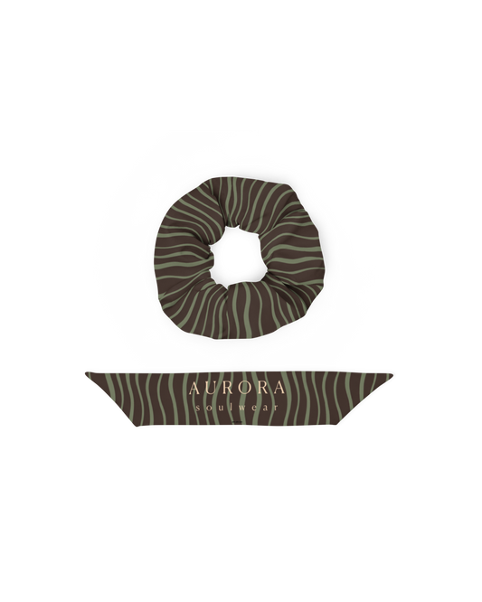 Slow Tide Recycled Scrunchie in deep brown and sage wave print