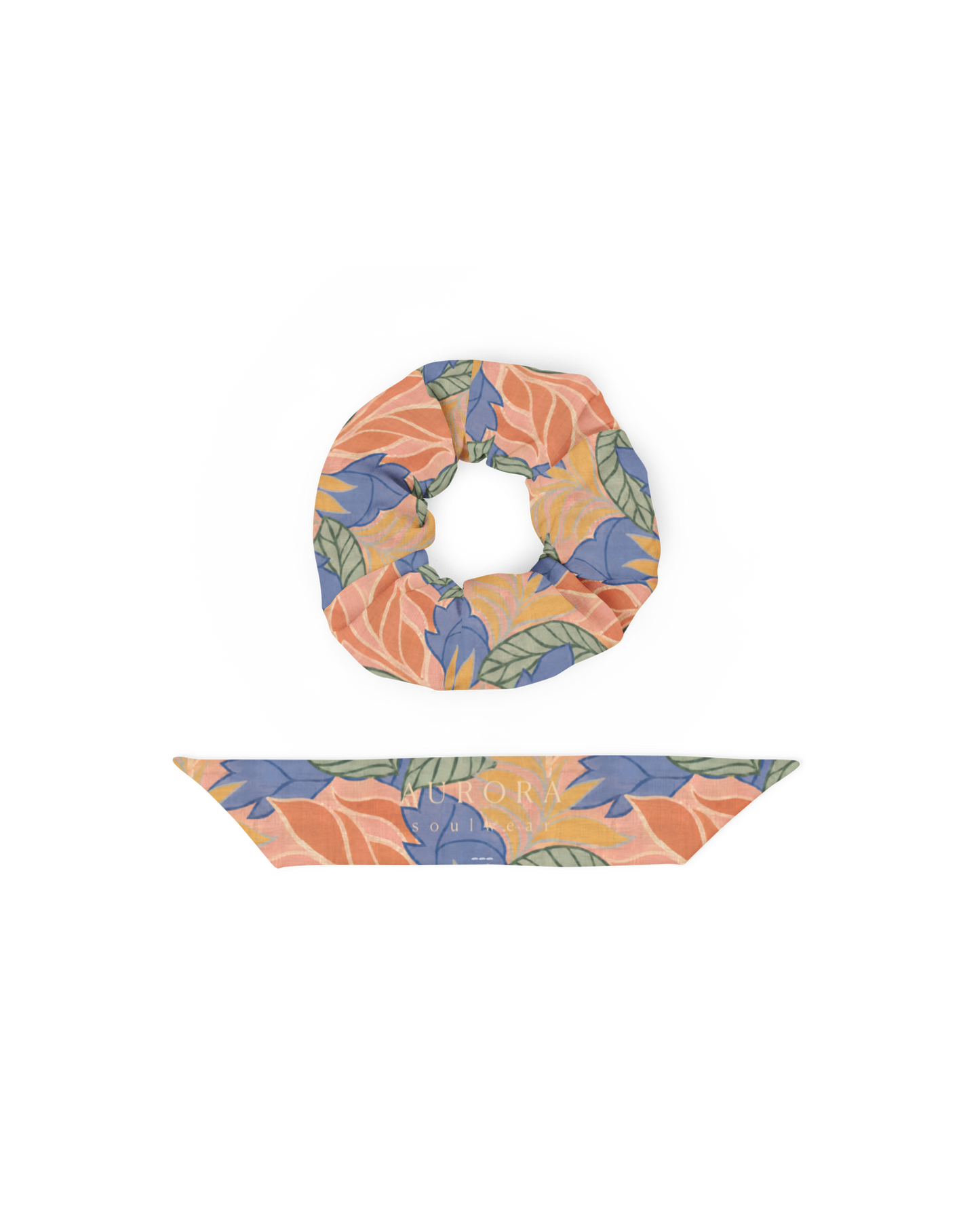Sol de Sal Recycled Scrunchie in botanical print with terracotta, blue, sage and gold