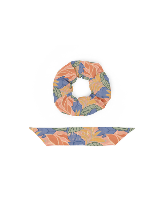 Sol de Sal Recycled Scrunchie in botanical print with terracotta, blue, sage and gold