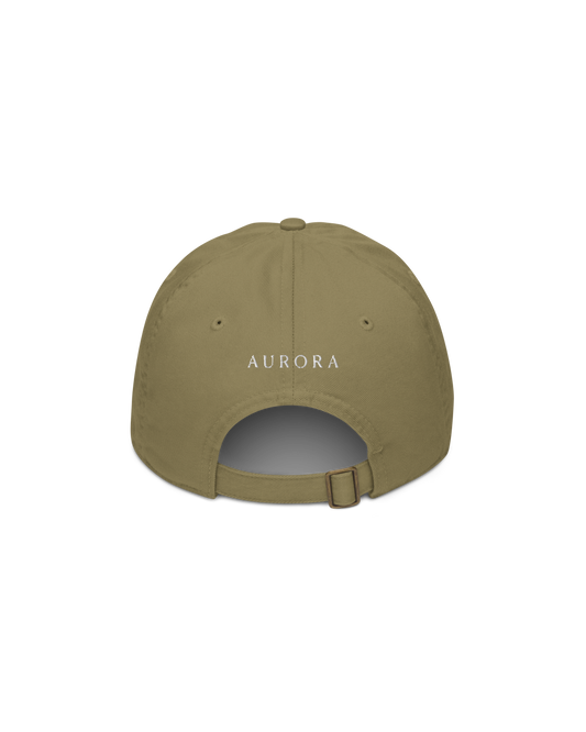 Time Organic Cap in jungle green with The Real Luxury Is Time front embroidery and Aurora Soulwear back embroidery