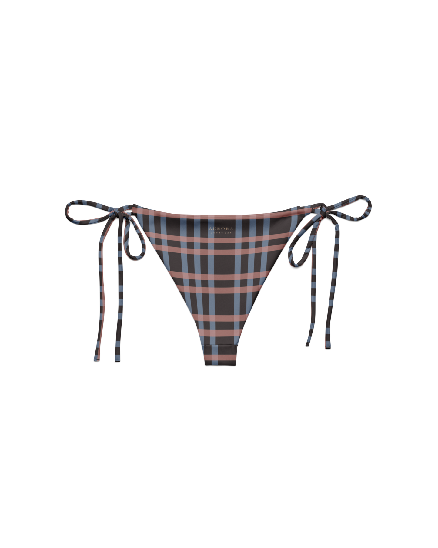 After Dusk check string bikini bottom with side ties, recycled fabric, Aurora Soulwear.
