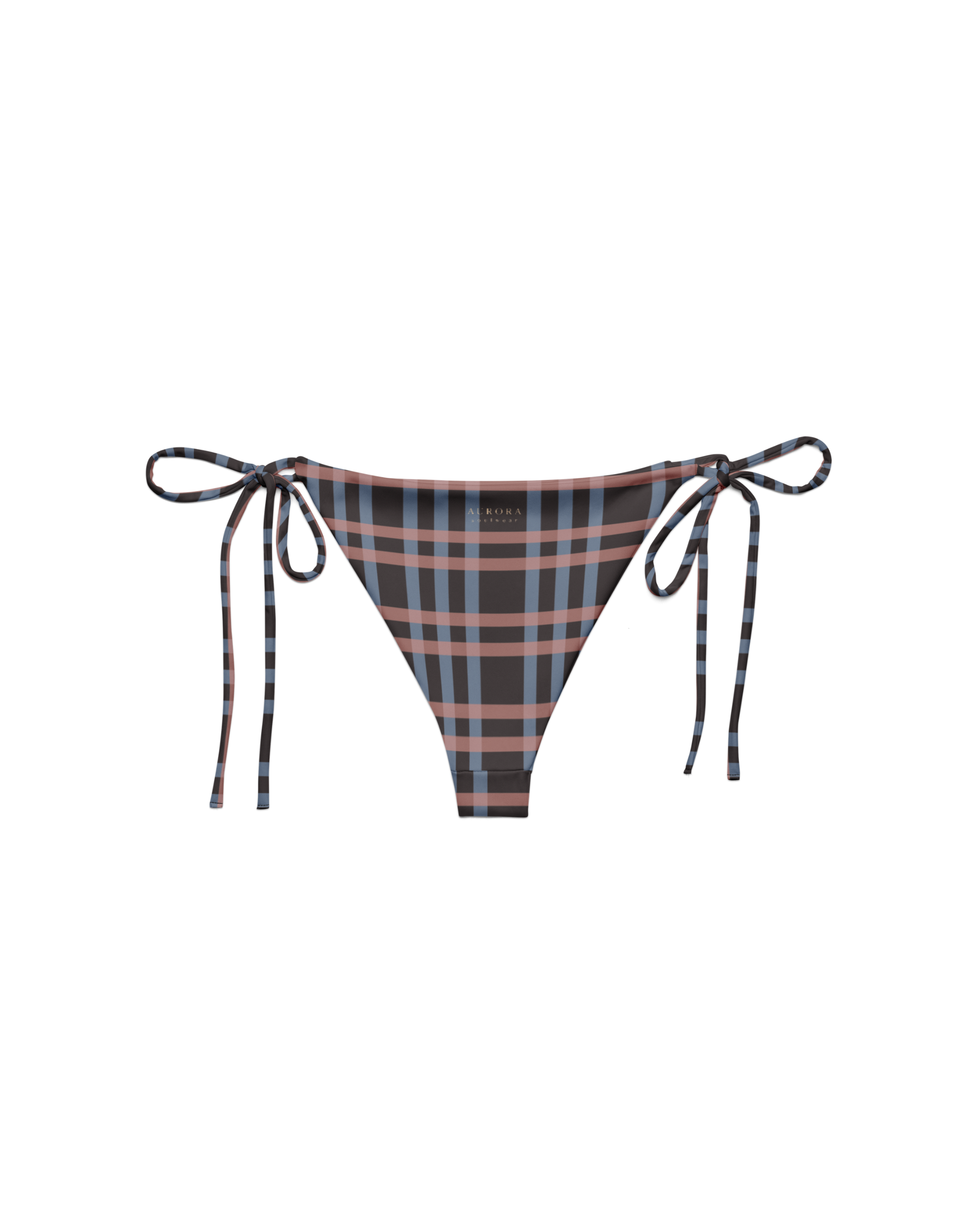 After Dusk check string bikini bottom with side ties, recycled fabric, Aurora Soulwear.
