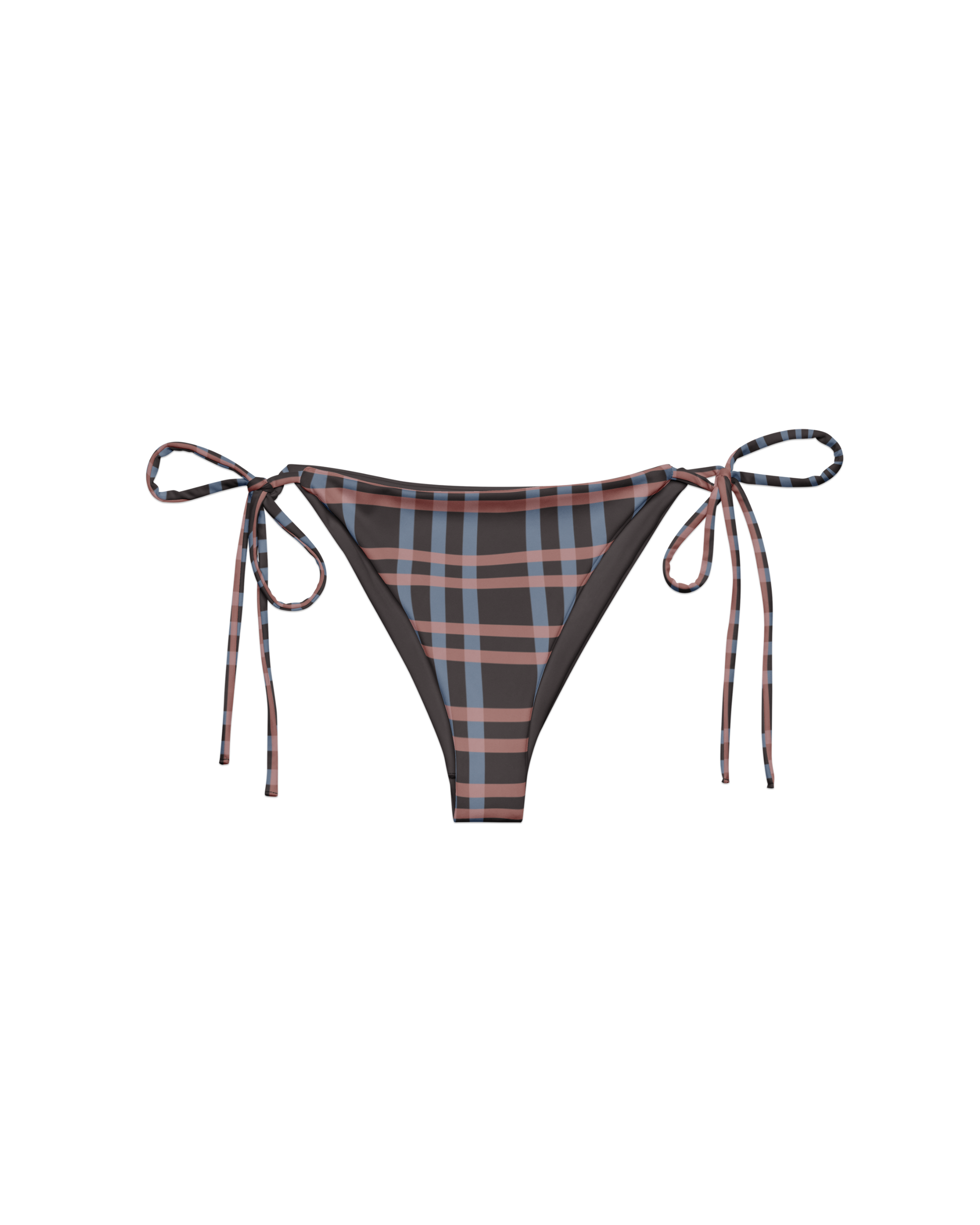 After Dusk check string bikini bottom with side ties, recycled fabric, Aurora Soulwear.
