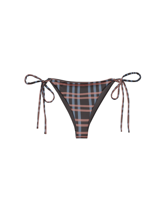 After Dusk check string bikini bottom with side ties, recycled fabric, Aurora Soulwear.

