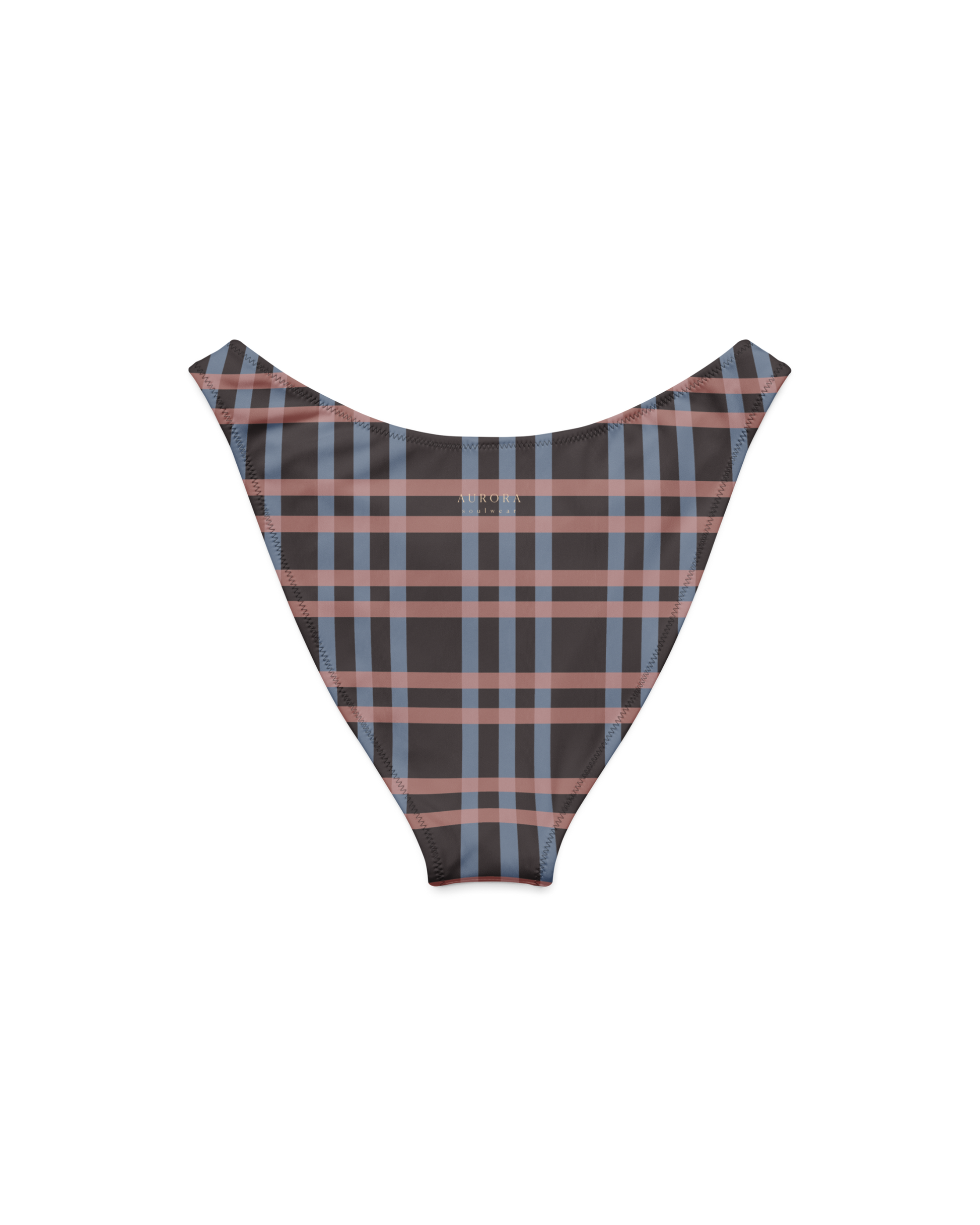 After Dusk check high-cut bikini bottom with deep V back, recycled fabric, Aurora Soulwear.
