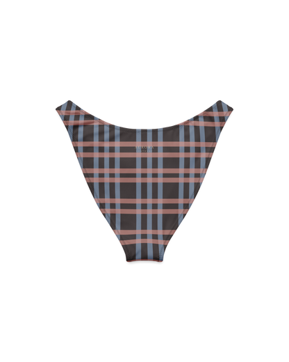 After Dusk check high-cut bikini bottom with deep V back, recycled fabric, Aurora Soulwear.
