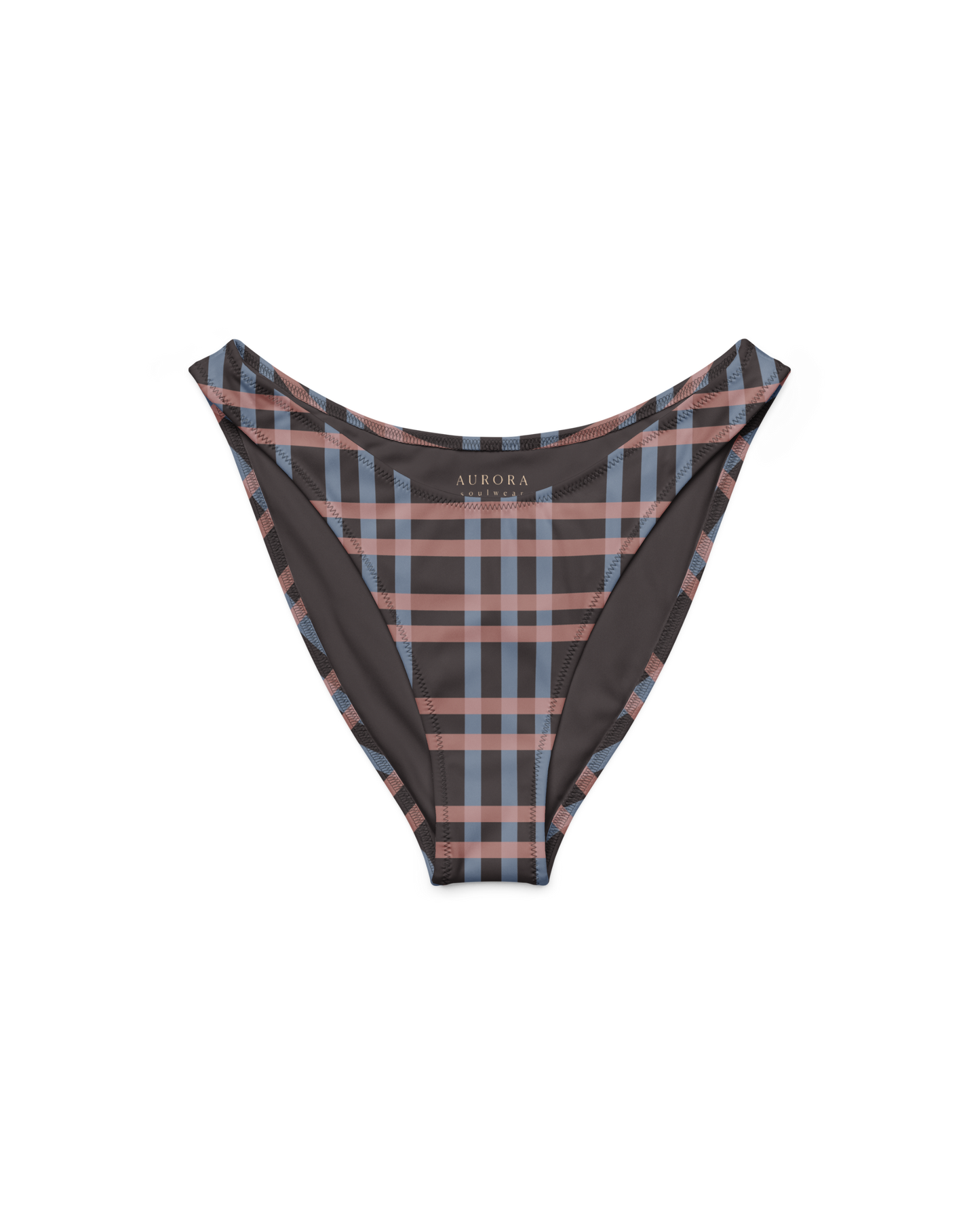 After Dusk check high-cut bikini bottom with deep V back, recycled fabric, Aurora Soulwear.
