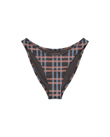After Dusk check high-cut bikini bottom with deep V back, recycled fabric, Aurora Soulwear.
