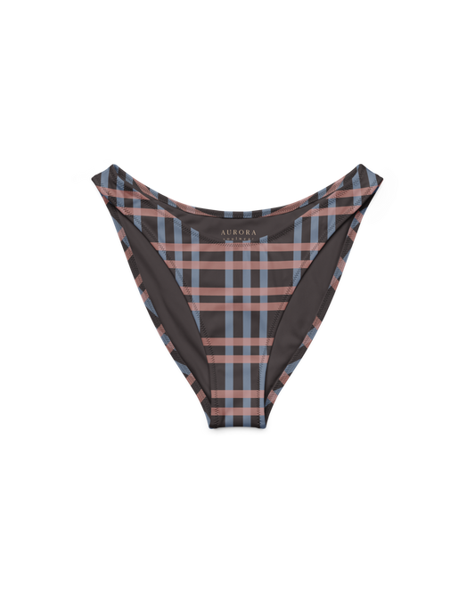 After Dusk check high-cut bikini bottom with deep V back, recycled fabric, Aurora Soulwear.
