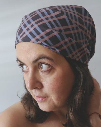 After Dusk check bandana in dusty pink and faded blue, recycled fabric, Aurora Soulwear.
