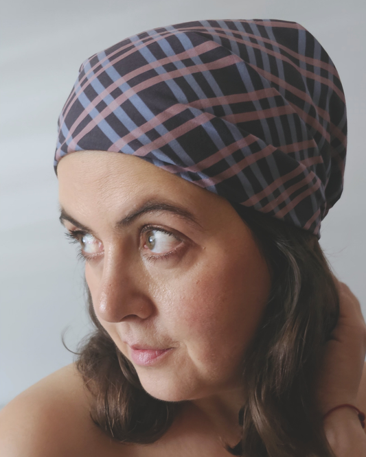 After Dusk check bandana in dusty pink and faded blue, recycled fabric, Aurora Soulwear.