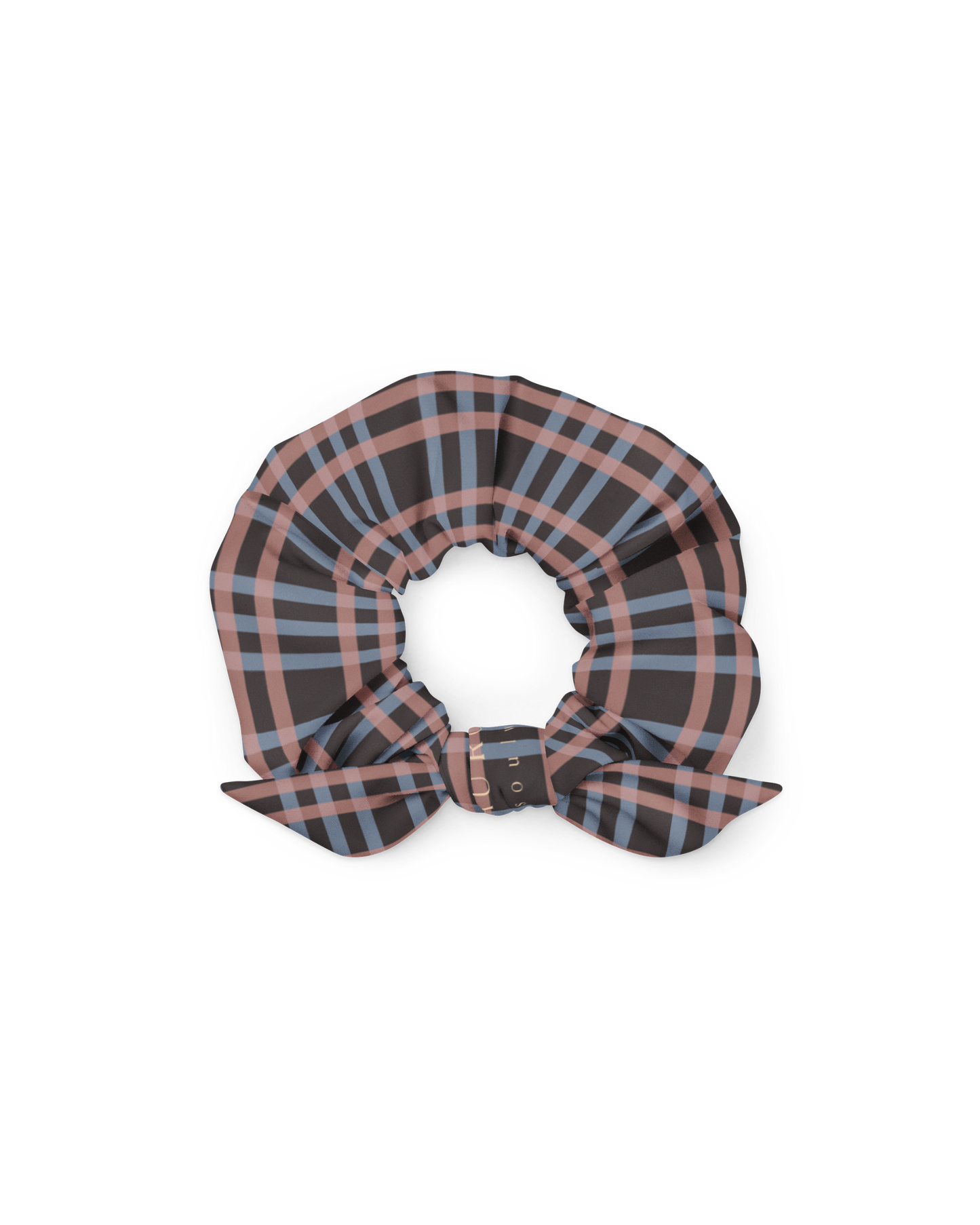 After Dusk check scrunchie in dusty pink and faded blue, recycled fabric, Aurora Soulwear.