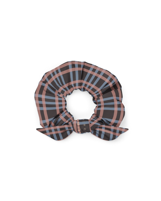 After Dusk check scrunchie in dusty pink and faded blue, recycled fabric, Aurora Soulwear.