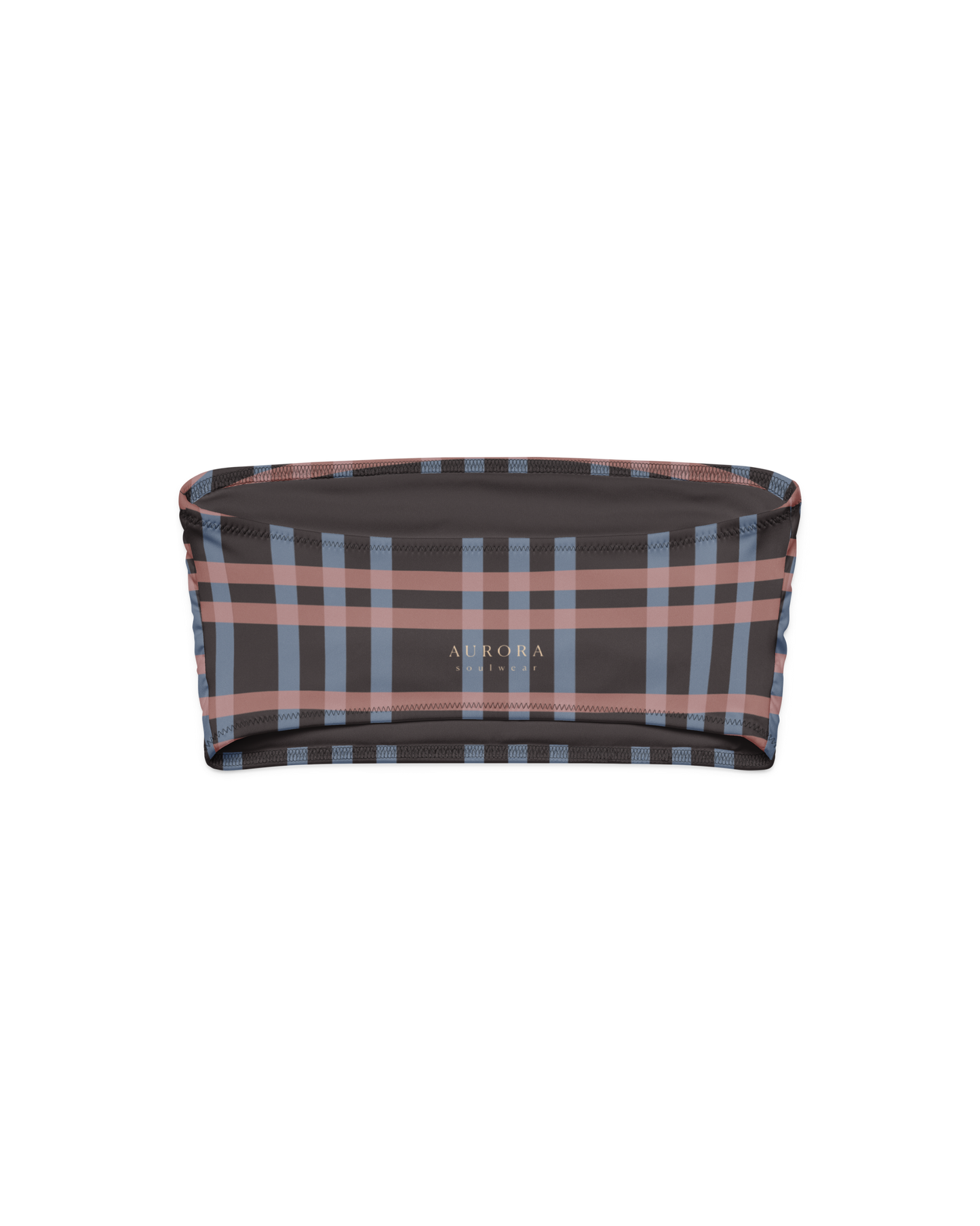 After Dusk check bandeau bikini top in dusty pink and faded blue, recycled fabric, Aurora Soulwear.