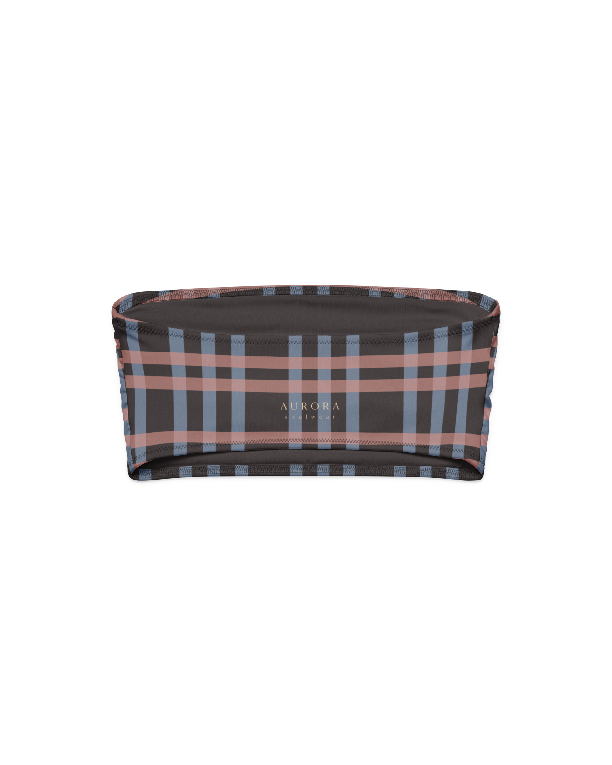 After Dusk check bandeau bikini top in dusty pink and faded blue, recycled fabric, Aurora Soulwear.