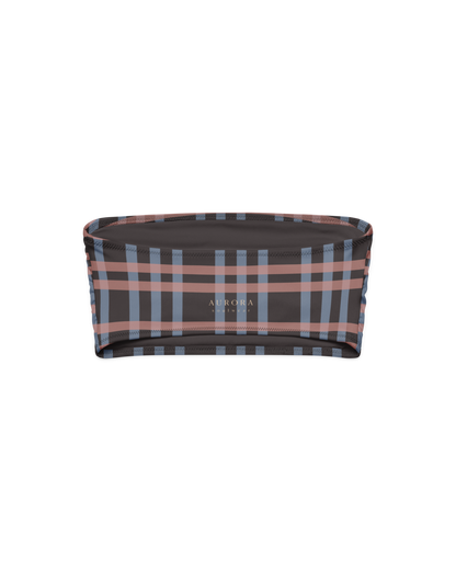 After Dusk check bandeau bikini top in dusty pink and faded blue, recycled fabric, Aurora Soulwear.