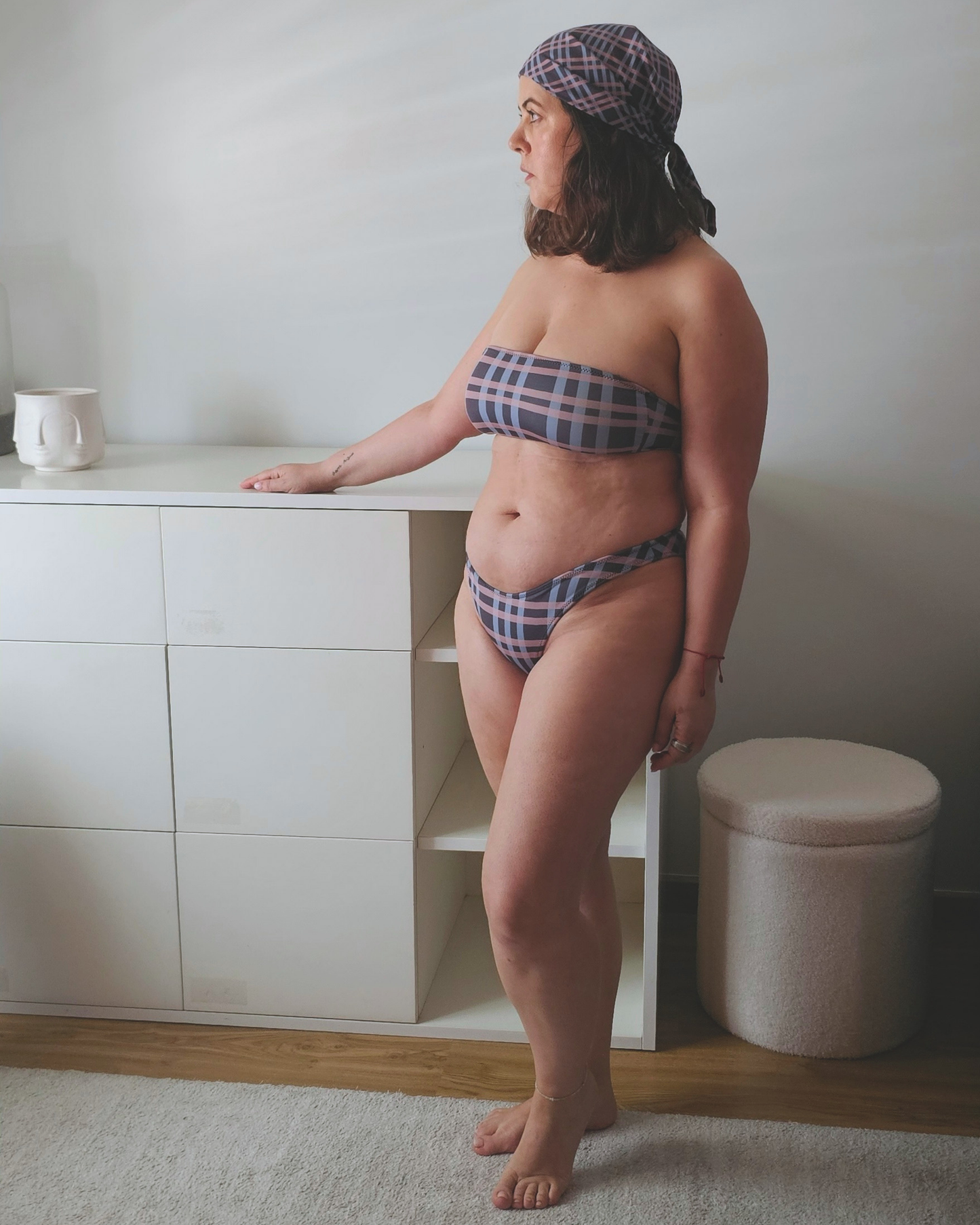 After Dusk check bandeau bikini top in dusty pink and faded blue, recycled fabric, Aurora Soulwear.