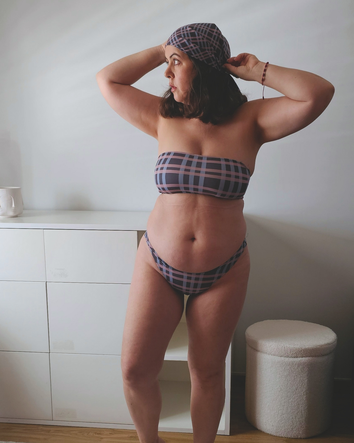 After Dusk check bandeau bikini top in dusty pink and faded blue, recycled fabric, Aurora Soulwear.