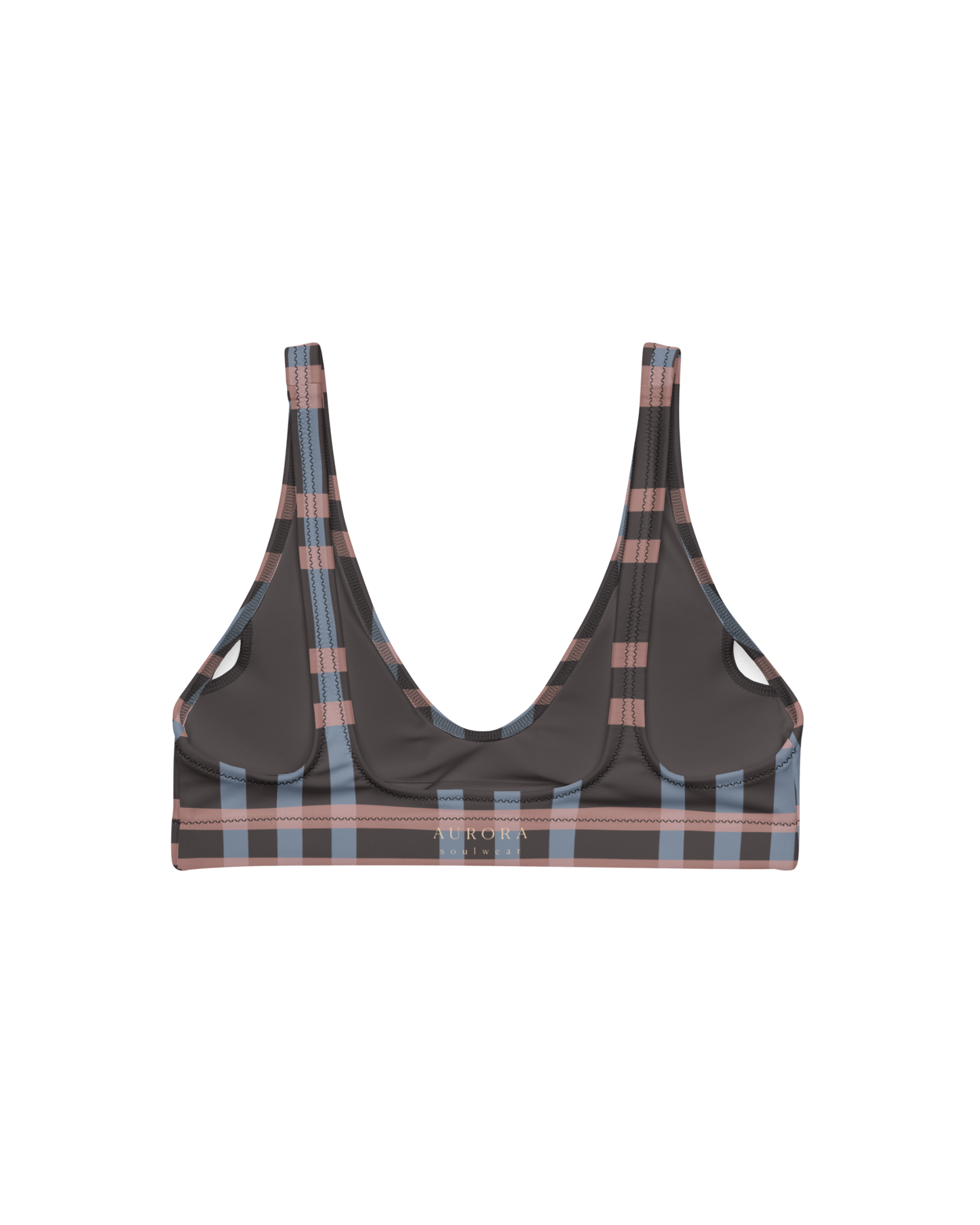 After Dusk check bikini top with straps in dusty pink and faded blue, recycled fabric, Aurora Soulwear.

