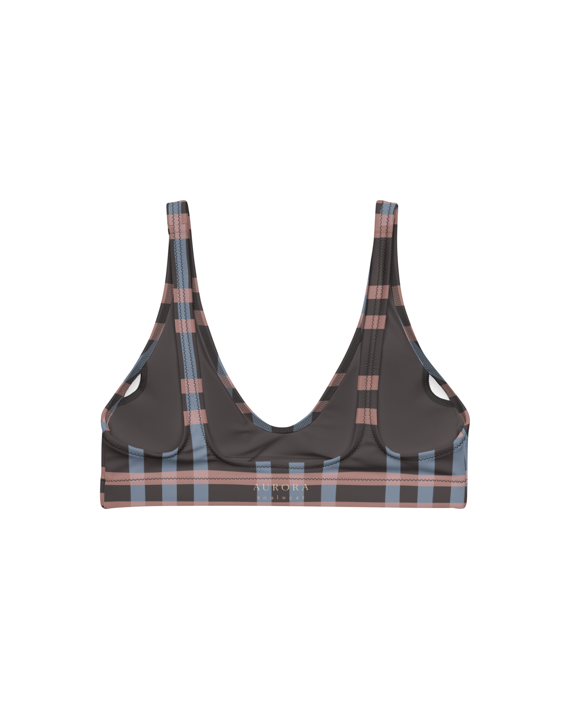 After Dusk check bikini top with straps in dusty pink and faded blue, recycled fabric, Aurora Soulwear.
