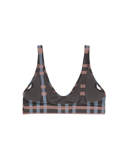 After Dusk check bikini top with straps in dusty pink and faded blue, recycled fabric, Aurora Soulwear.
