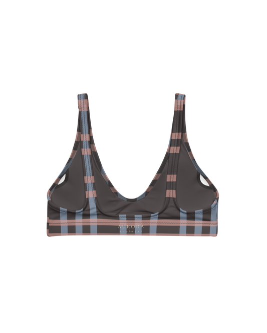 After Dusk check bikini top with straps in dusty pink and faded blue, recycled fabric, Aurora Soulwear.

