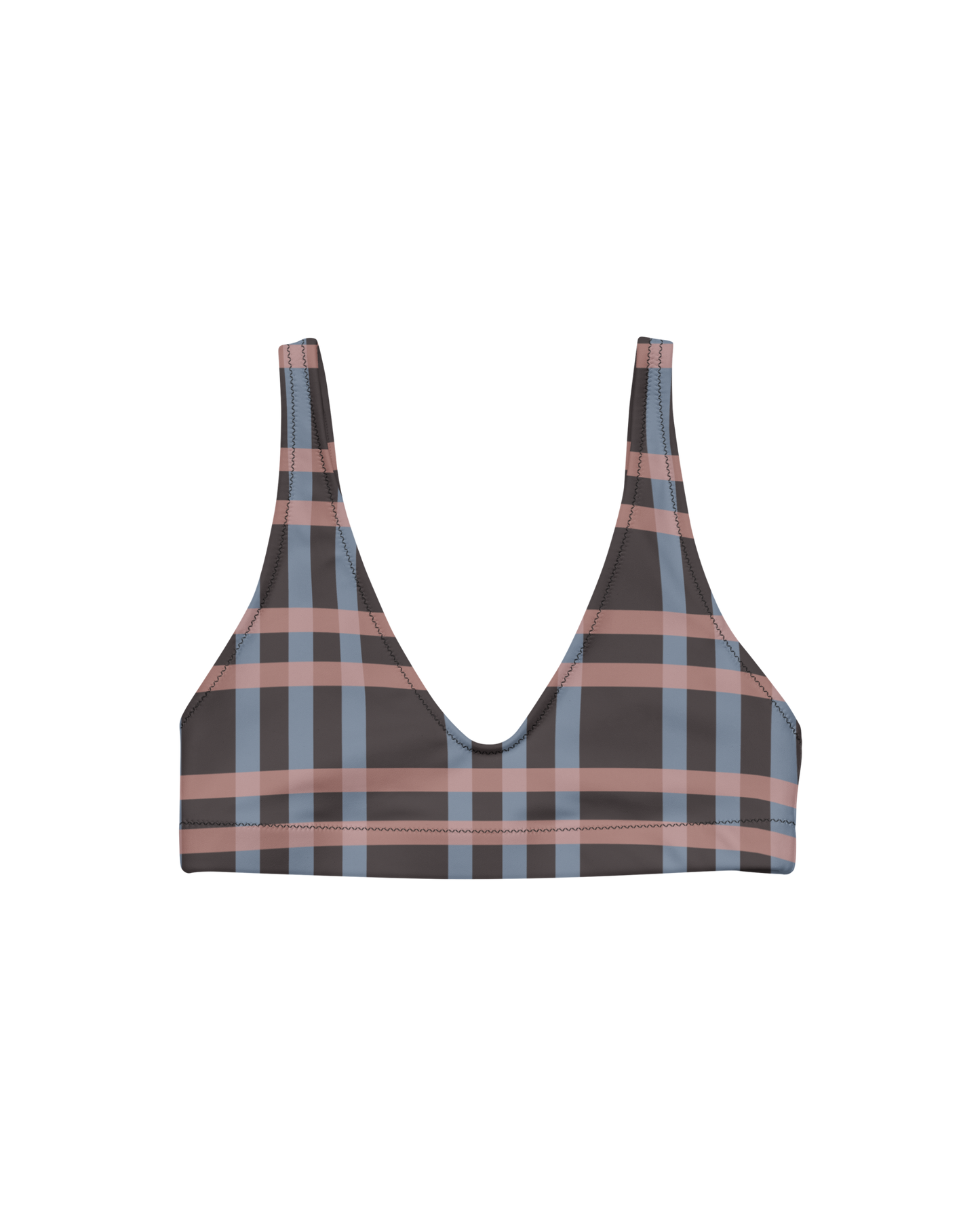After Dusk check bikini top with straps in dusty pink and faded blue, recycled fabric, Aurora Soulwear.
