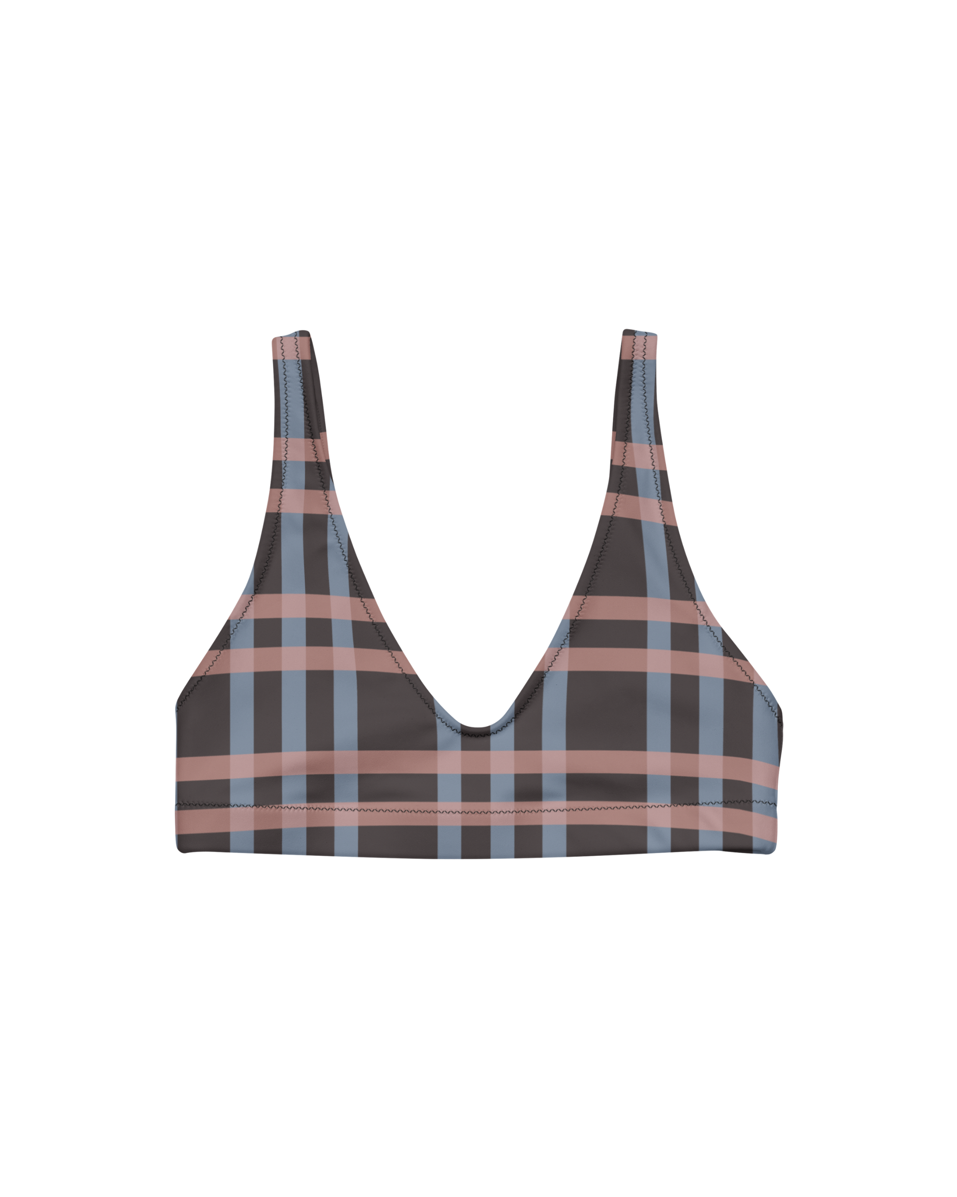 After Dusk check bikini top with straps in dusty pink and faded blue, recycled fabric, Aurora Soulwear.
