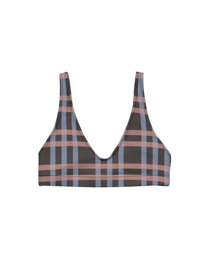 After Dusk check bikini top with straps in dusty pink and faded blue, recycled fabric, Aurora Soulwear.
