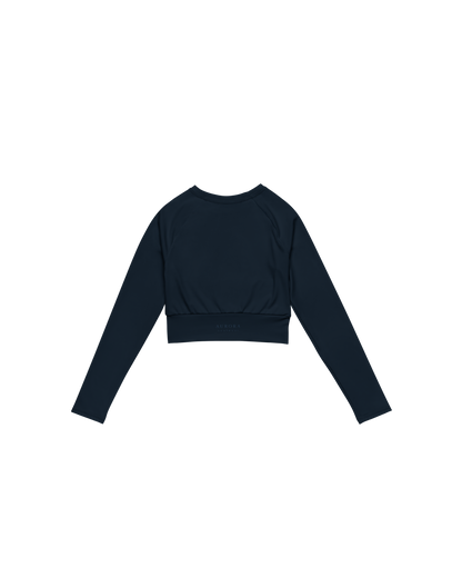 Abyss Recycled Long Sleeve Top in navy with brand back detail