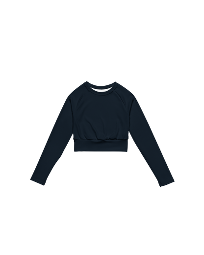 Abyss Recycled Long Sleeve Top in navy with brand back detail