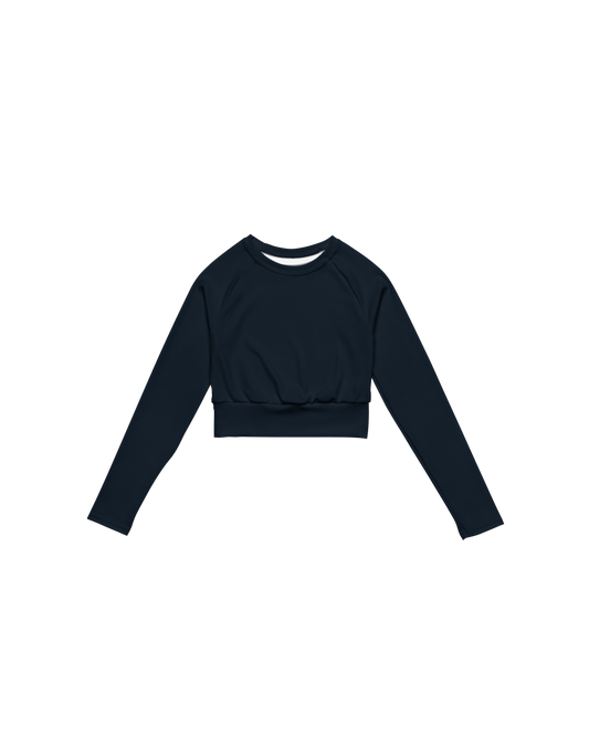 Abyss Recycled Long Sleeve Top in navy with brand back detail