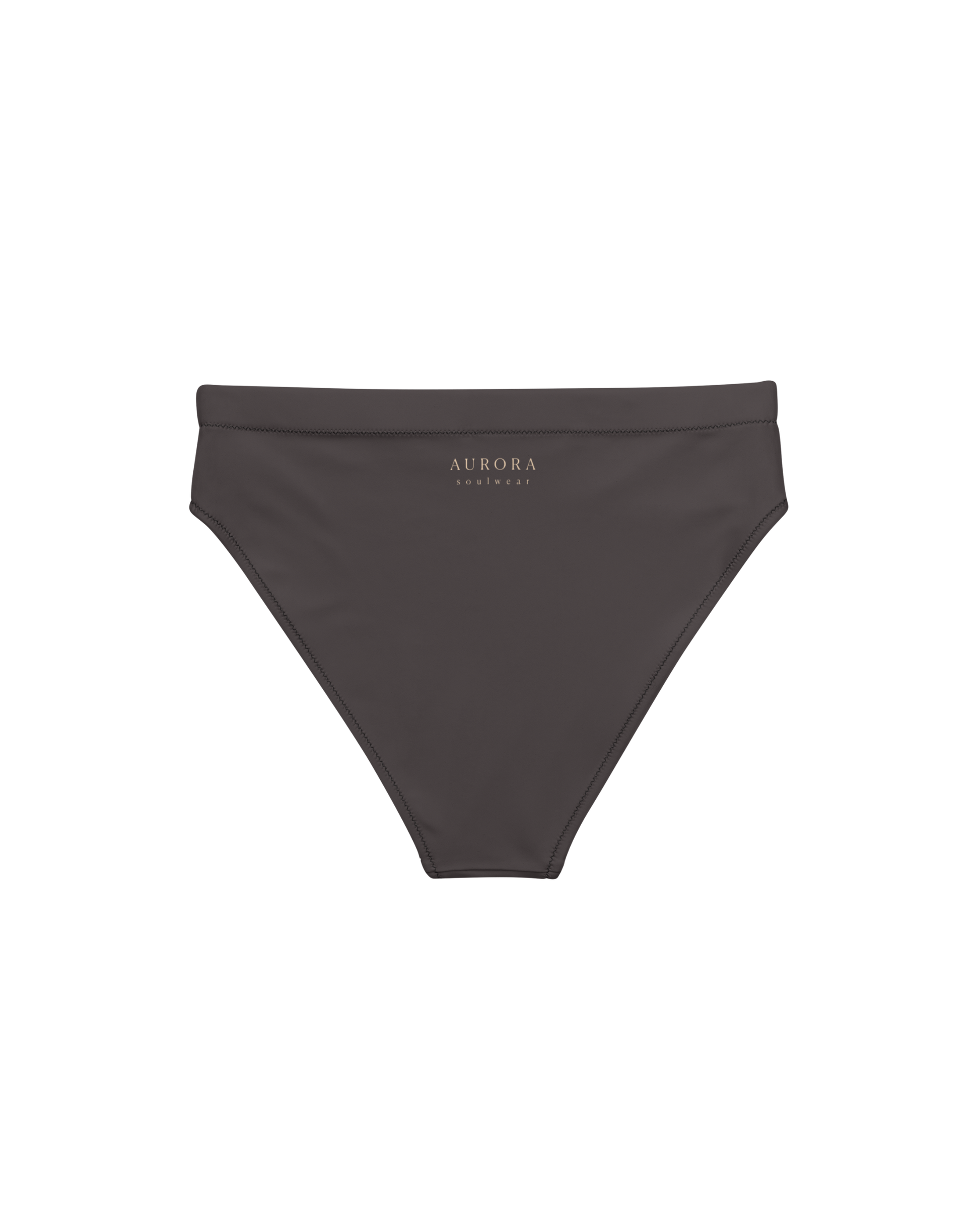 Cacau deep brown high-waisted bikini bottom, recycled fabric, Aurora Soulwear.
