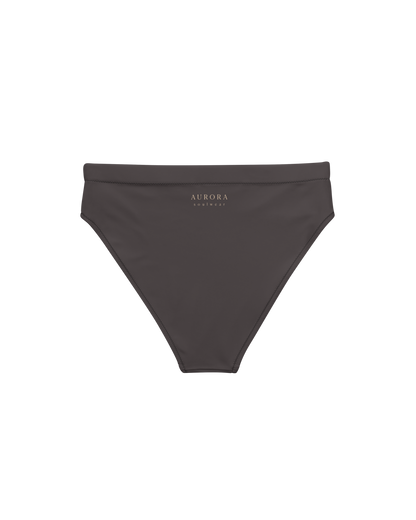 Cacau deep brown high-waisted bikini bottom, recycled fabric, Aurora Soulwear.
