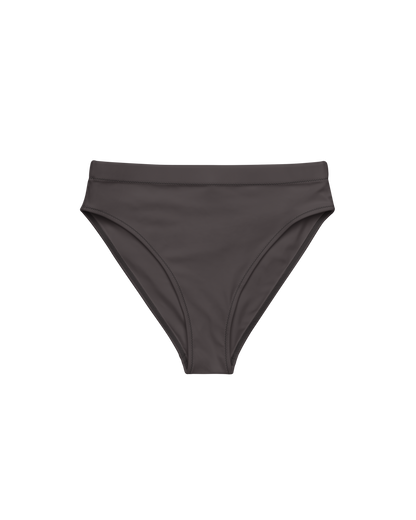 Cacau deep brown high-waisted bikini bottom, recycled fabric, Aurora Soulwear.
