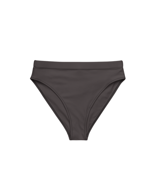 Cacau deep brown high-waisted bikini bottom, recycled fabric, Aurora Soulwear.
